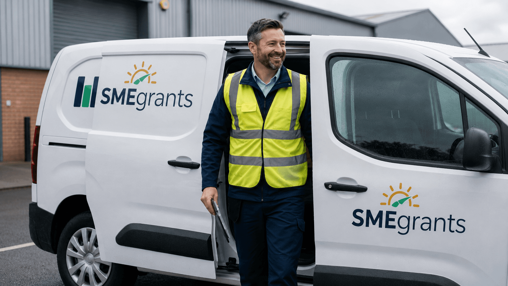 SMEgrants-branded van with an auditor stepping out on site